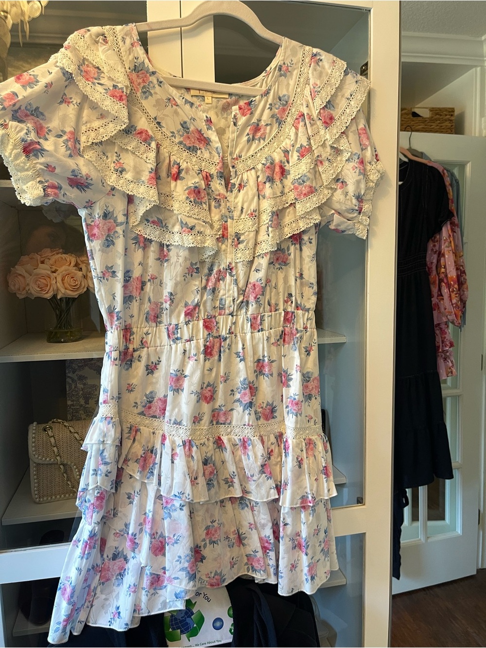 Floral Ruffle Tiered Short Dress - Cream with Pink Roses